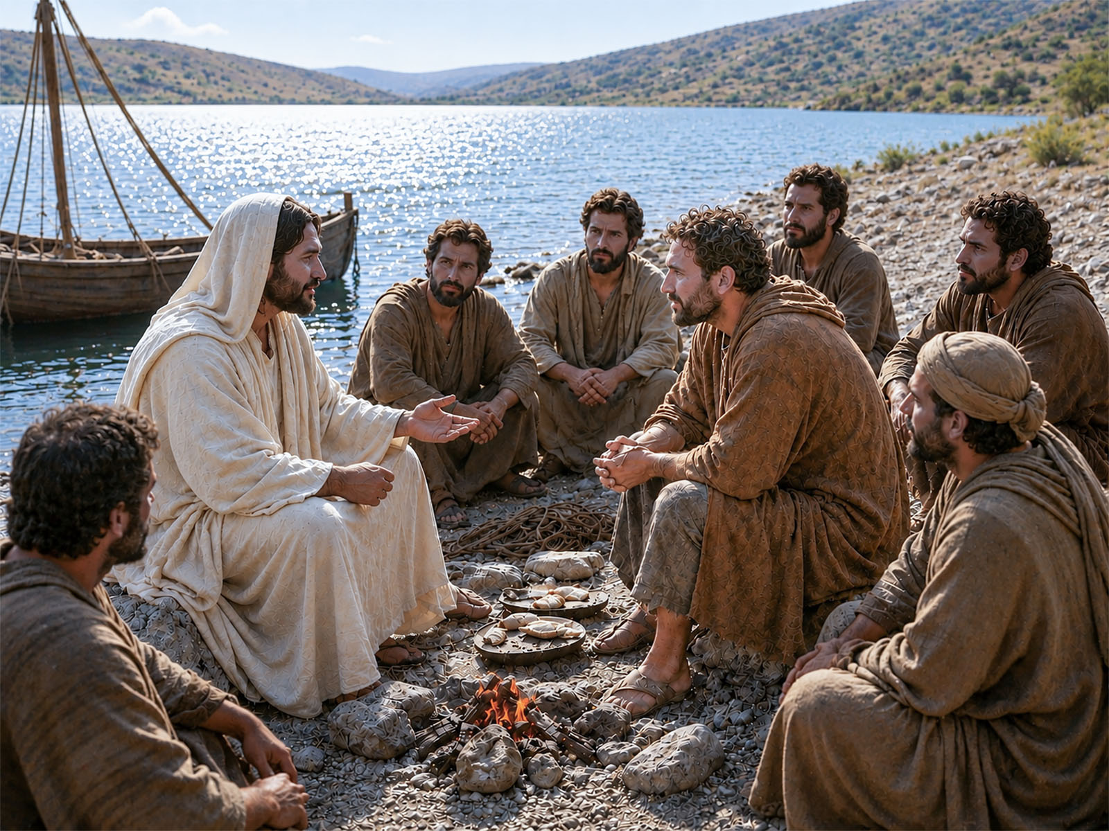 Jesus meets with his disciples on the shore of the Sea of Galilee